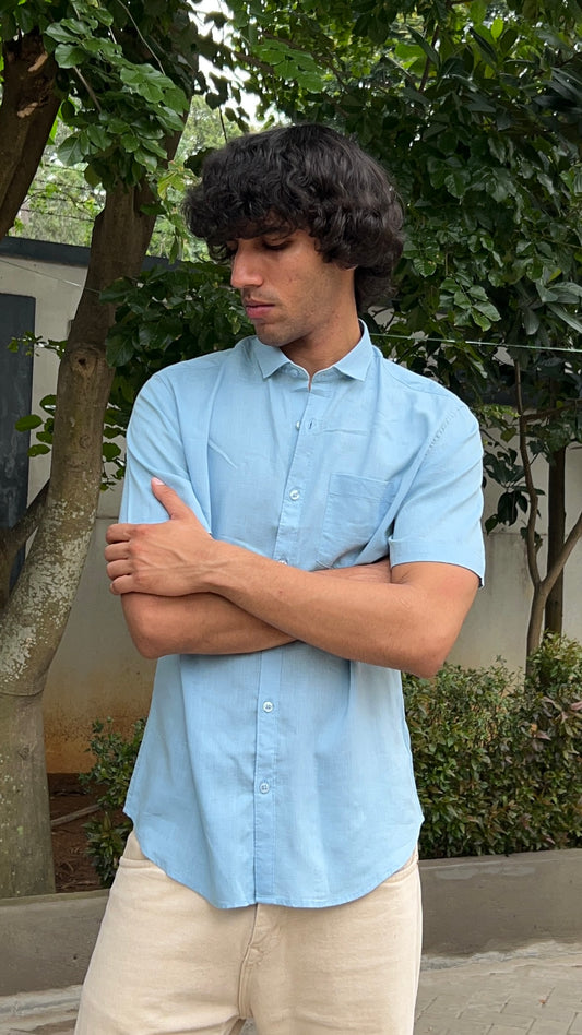 Light Blue Textured Cotton Half Sleeves Shirt