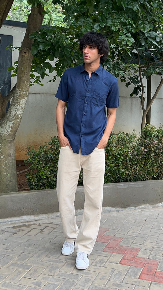 Dark Blue Textured Cotton Half Sleeves Shirt