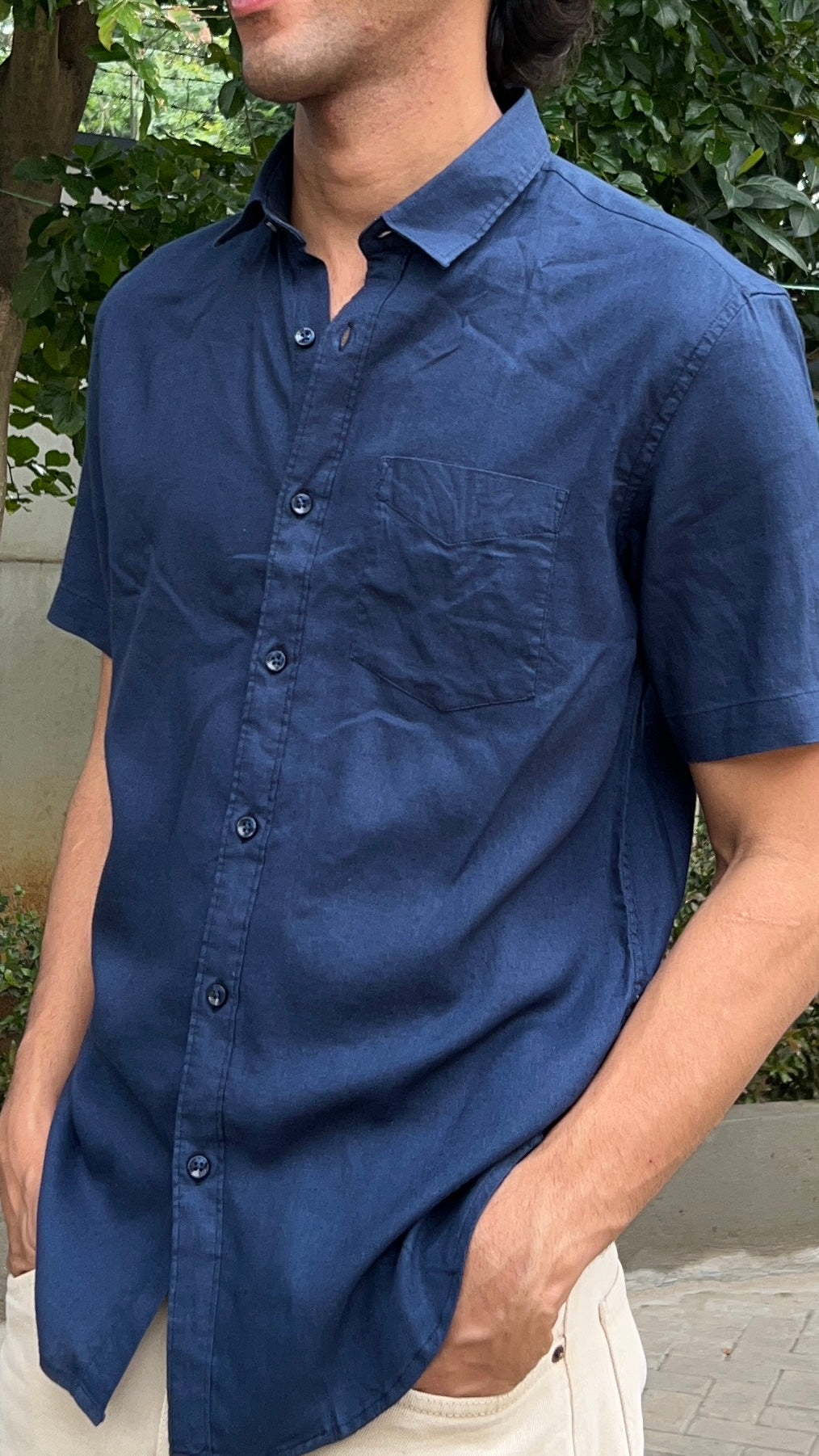 Dark Blue Textured Cotton Half Sleeves Shirt