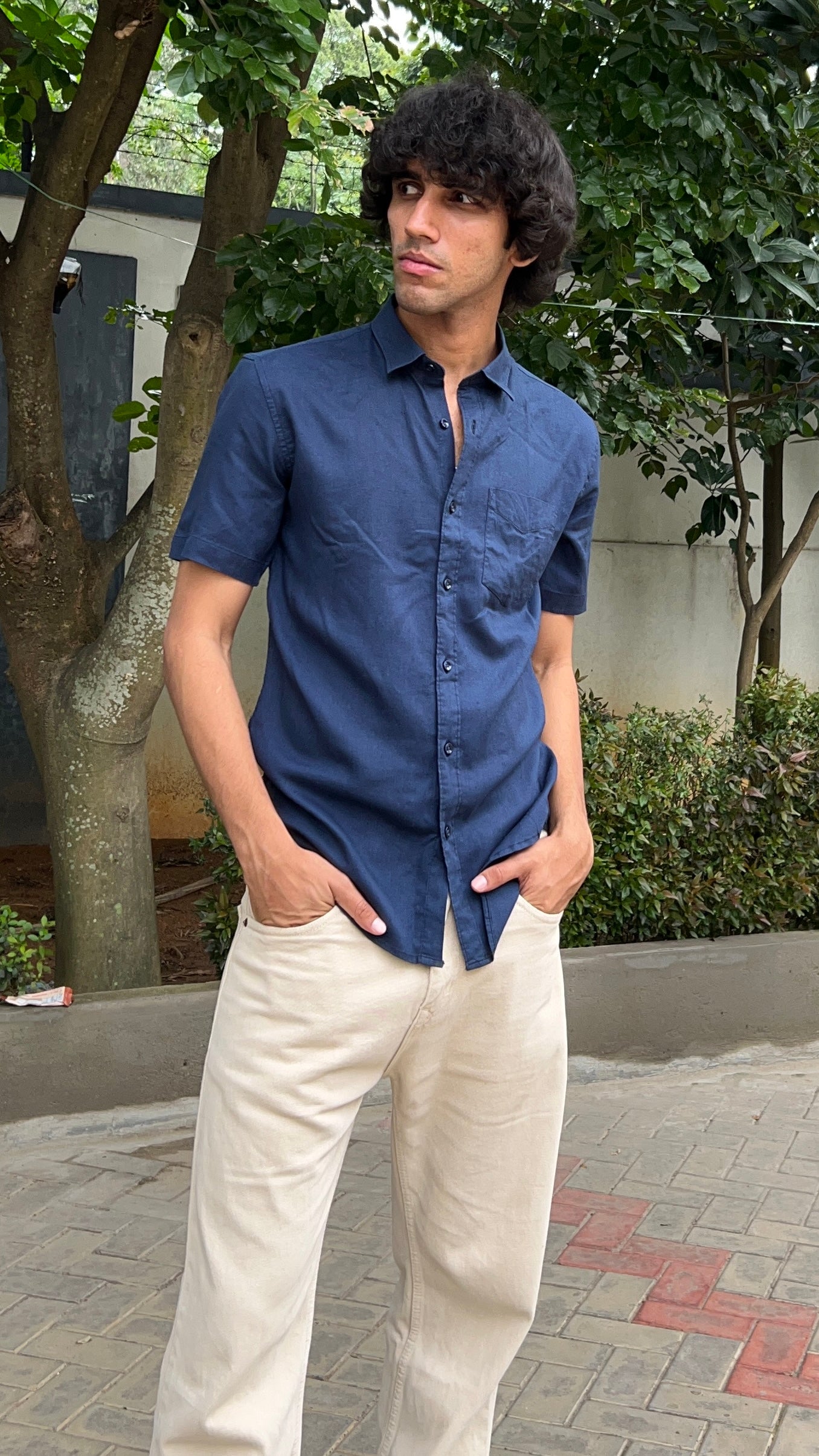 Dark Blue Textured Cotton Half Sleeves Shirt