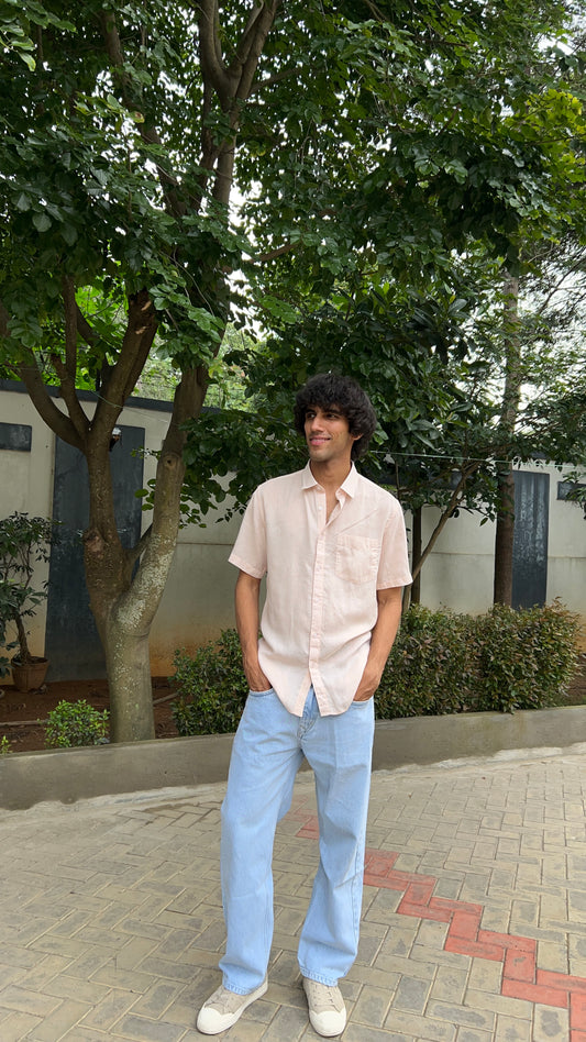 Light Peach Textured Cotton Half Sleeves Shirt