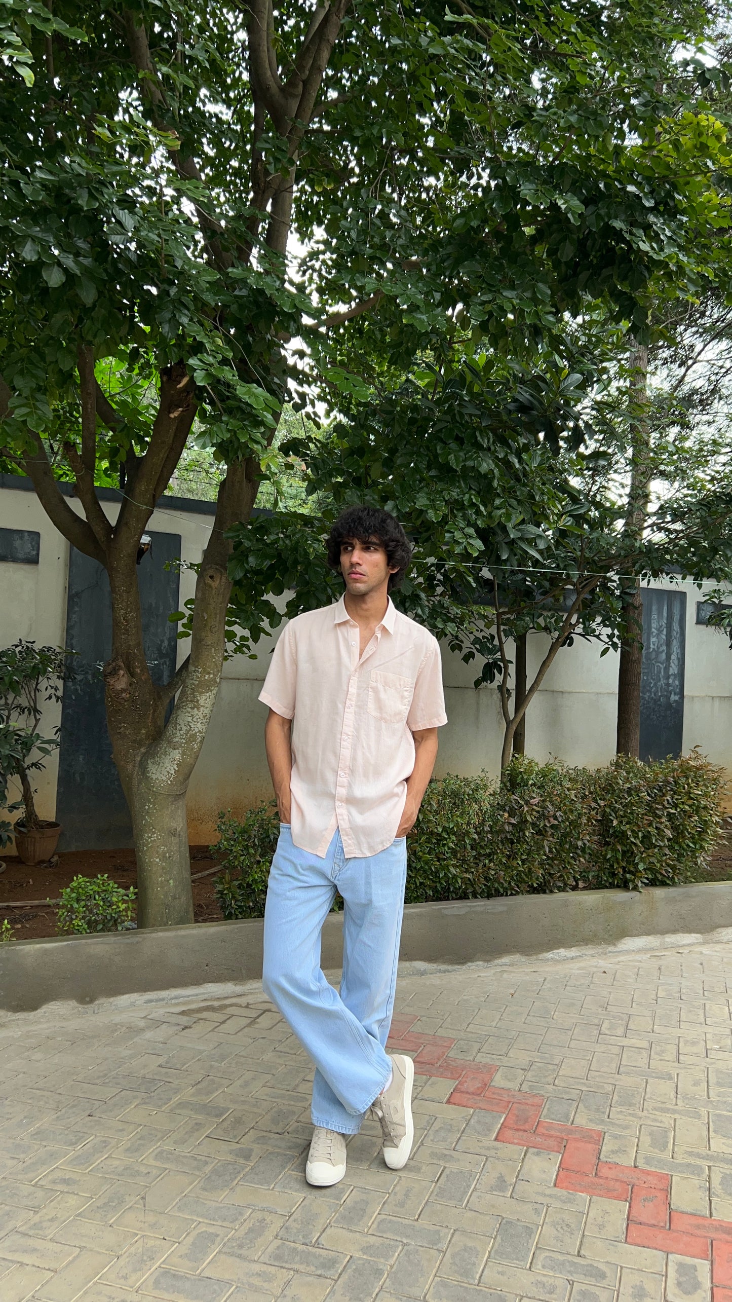 Light Peach Textured Cotton Half Sleeves Shirt