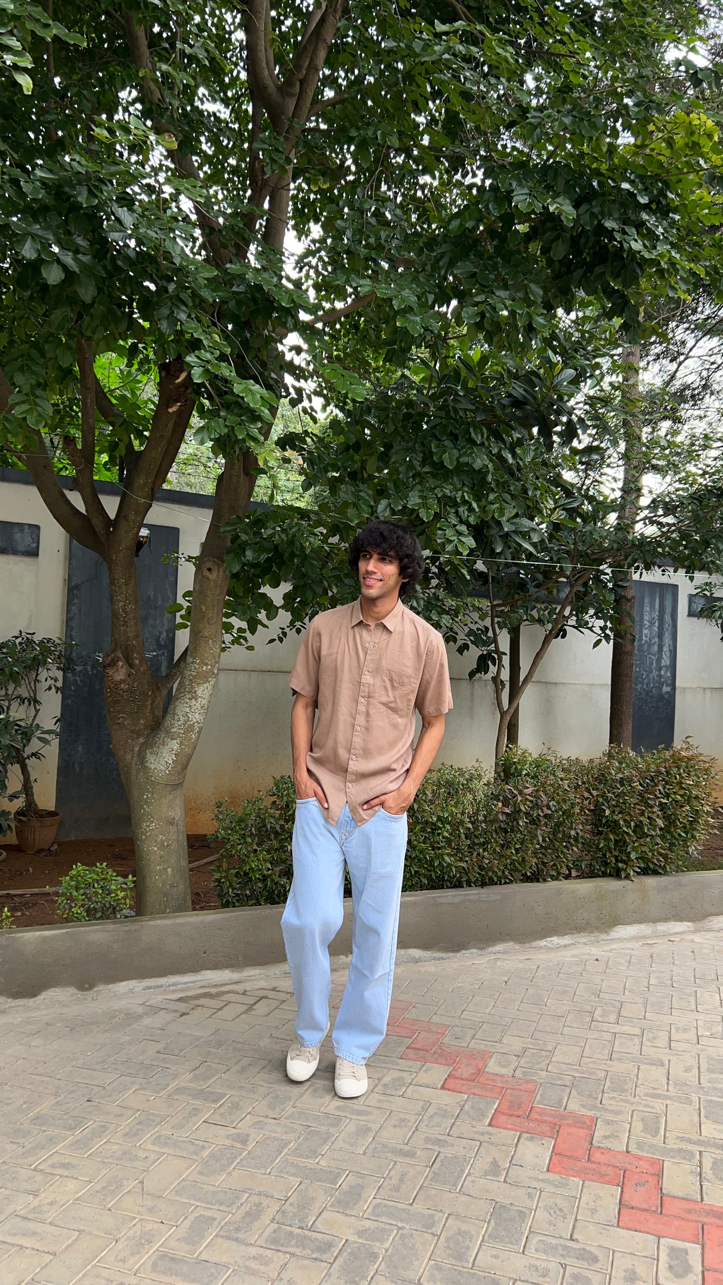 Beige Textured Cotton Half Sleeves Shirt