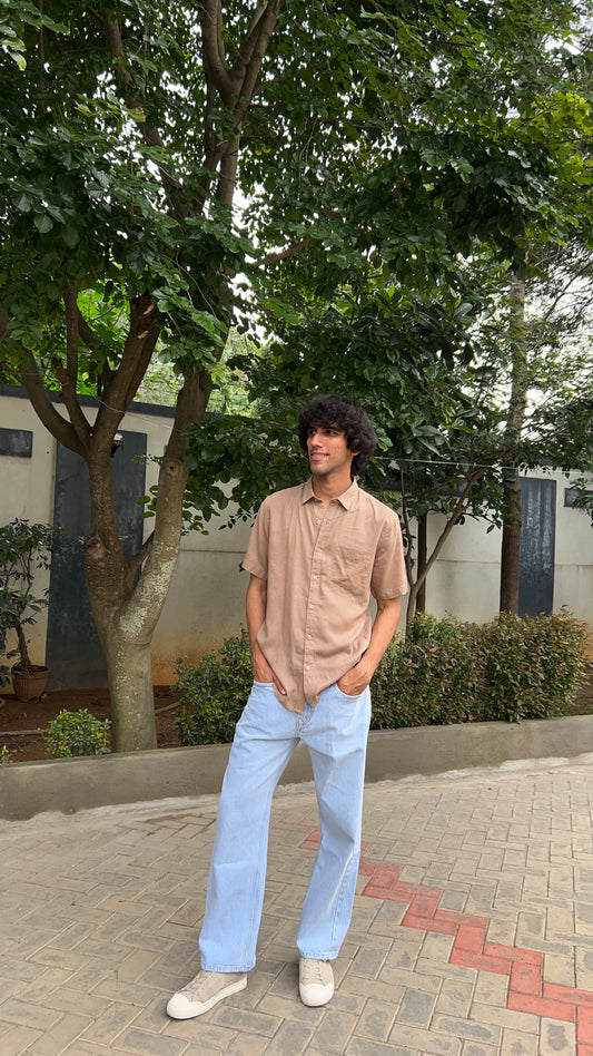 Beige Textured Cotton Half Sleeves Shirt