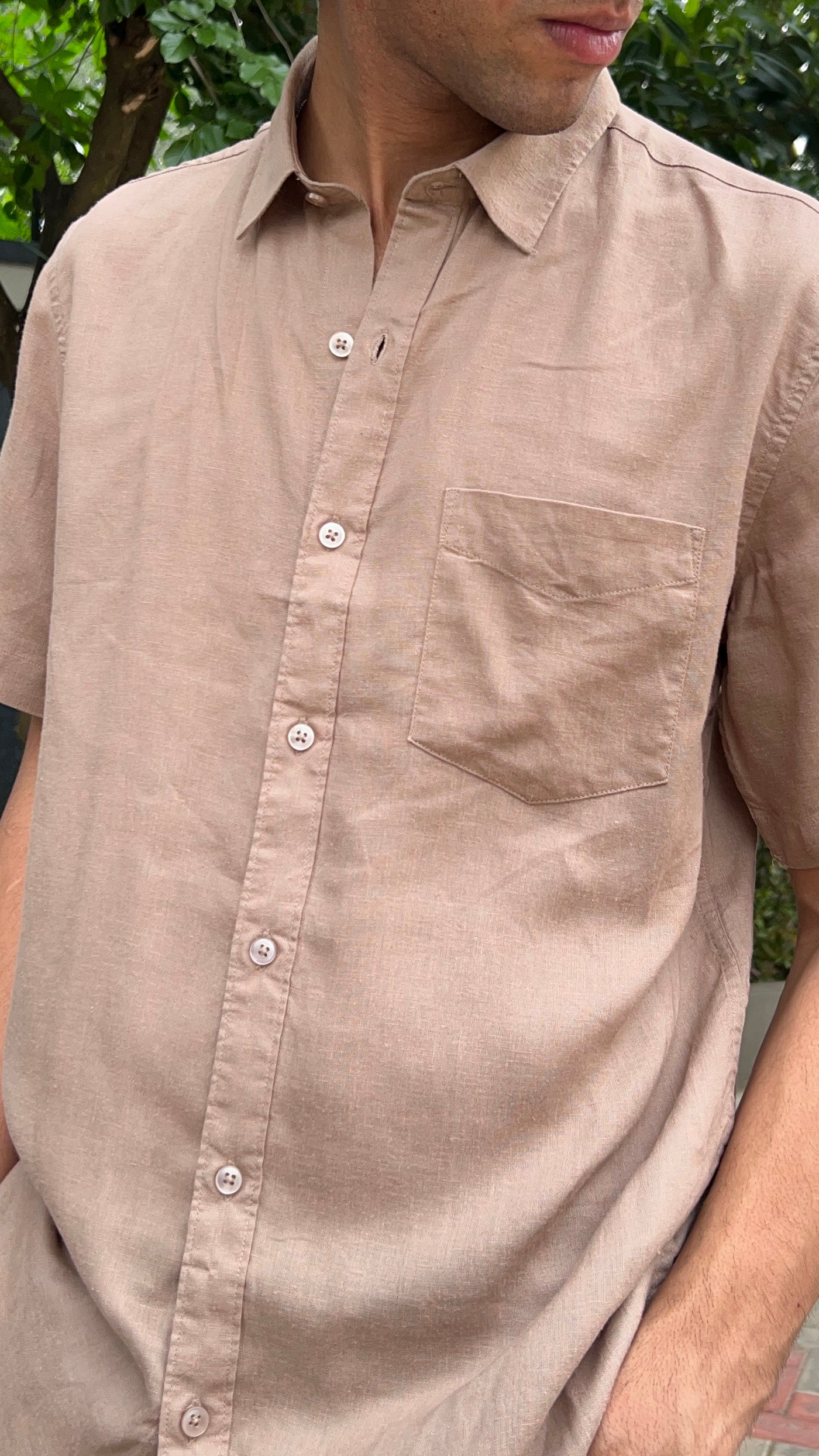 Beige Textured Cotton Half Sleeves Shirt