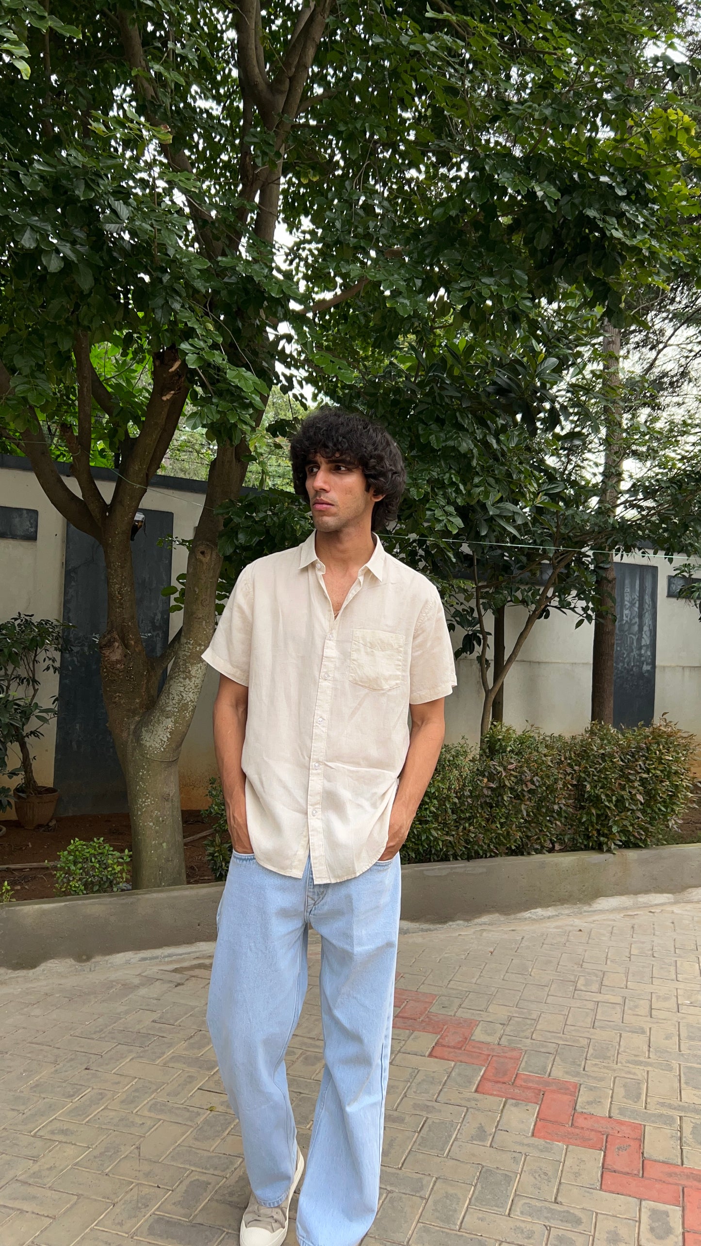 Light Peach Textured Cotton Half Sleeves Shirt