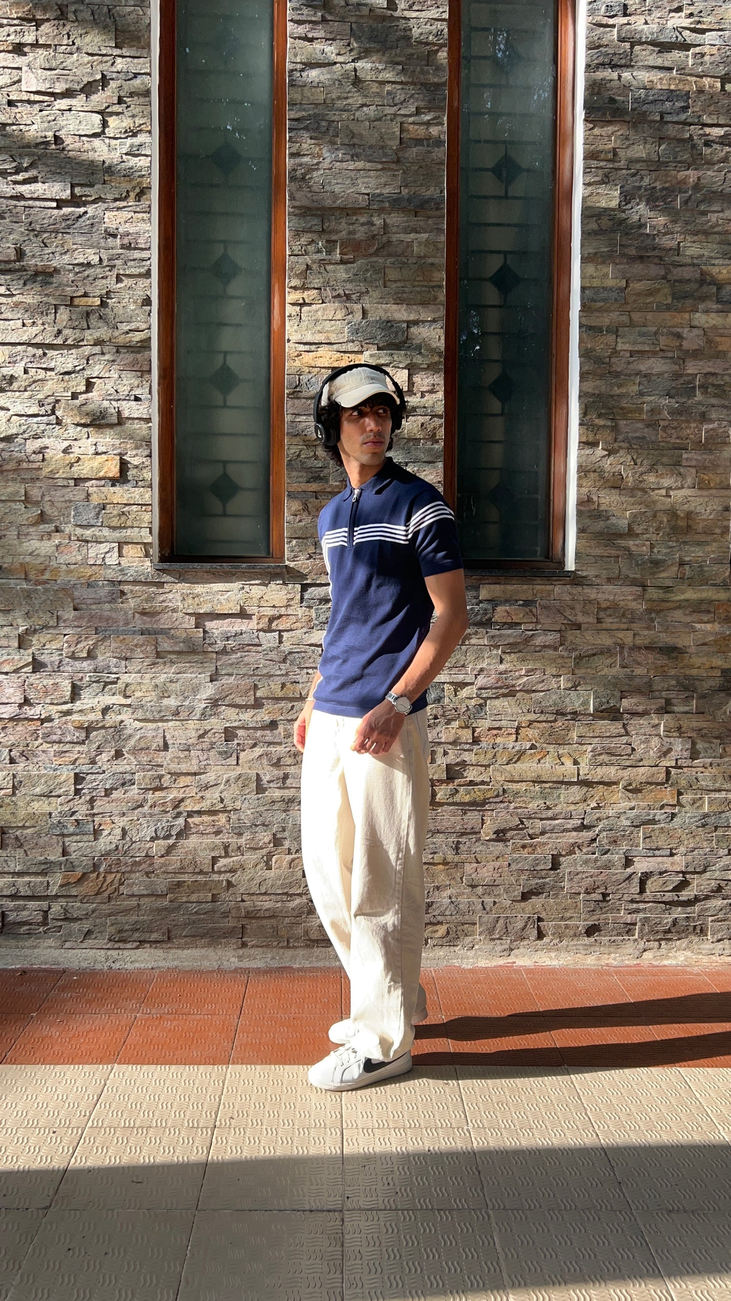 Ribbed Design Zipper Polo T-Shirt- Blue