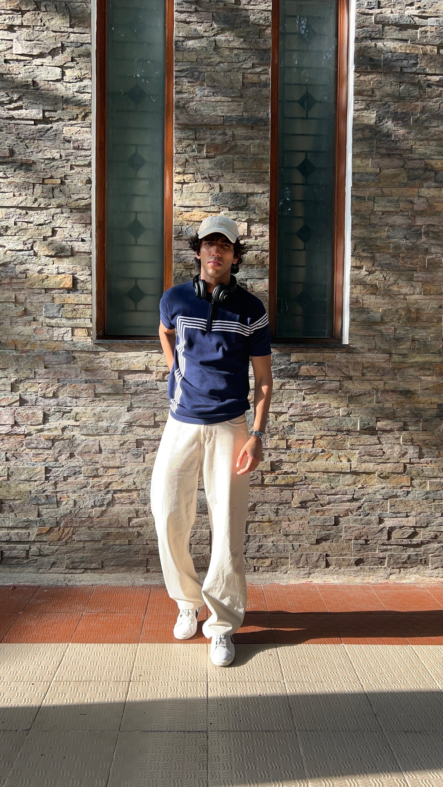 Ribbed Design Zipper Polo T-Shirt- Blue