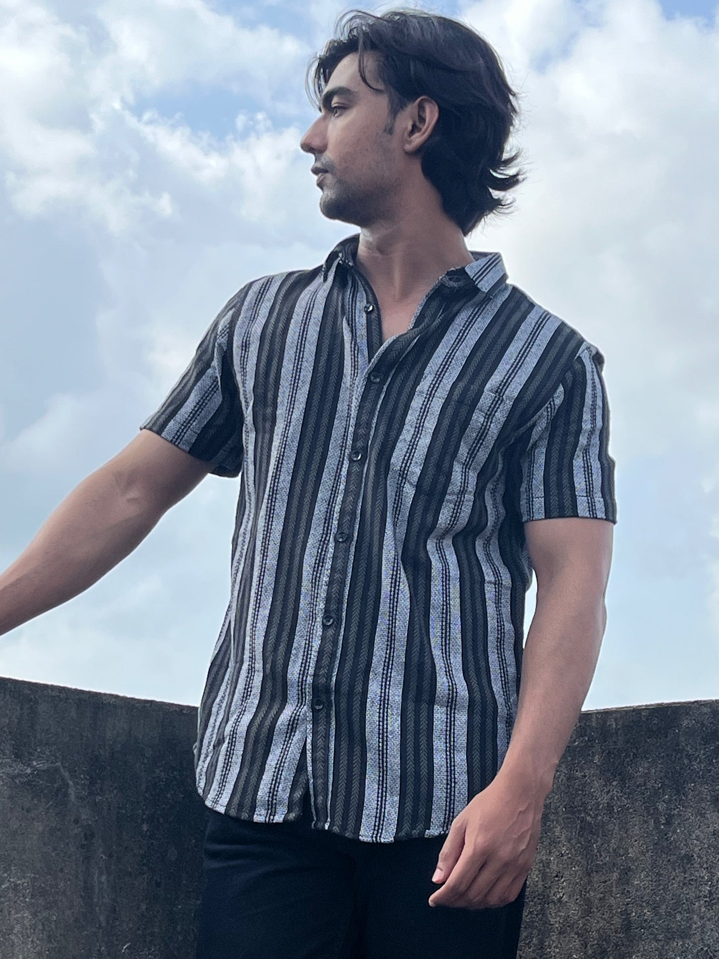 Black & Grey Multi-Stripe Textured Shirt