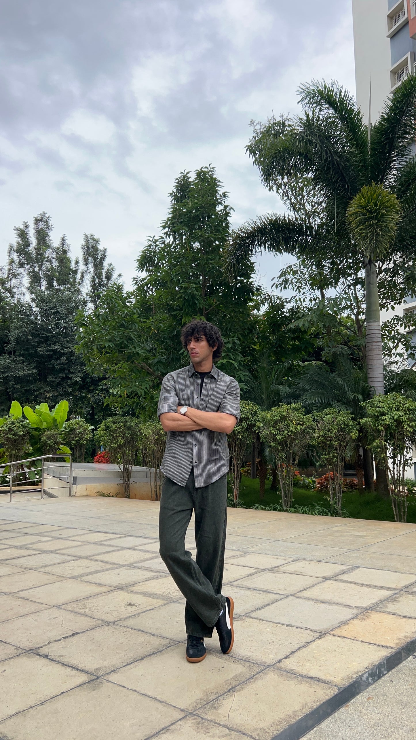 Dark Green Peached Cotton Baggy Trousers