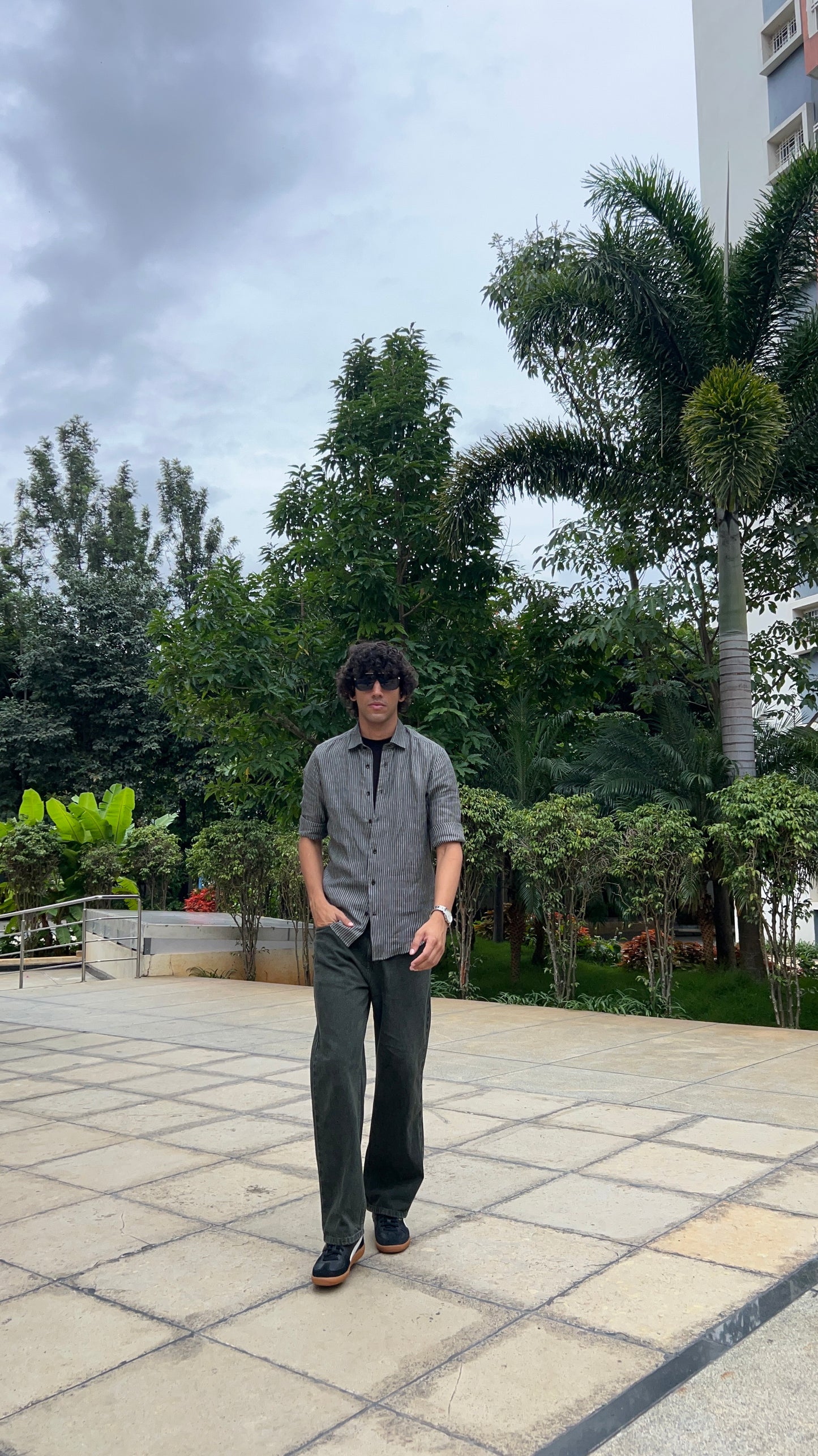Dark Green Peached Cotton Baggy Trousers