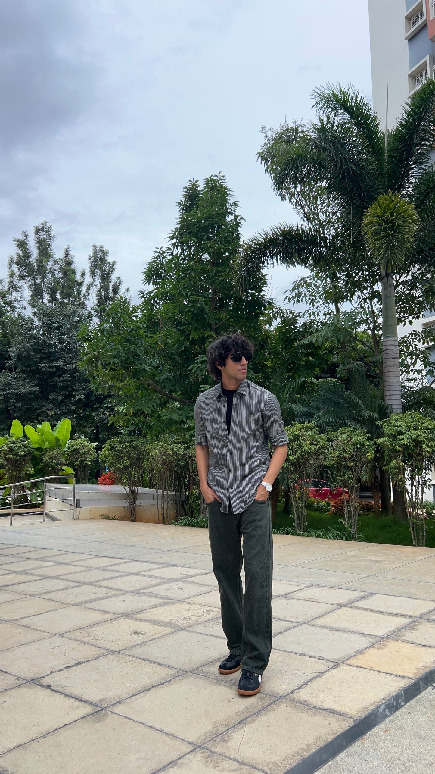 Dark Green Peached Cotton Baggy Trousers