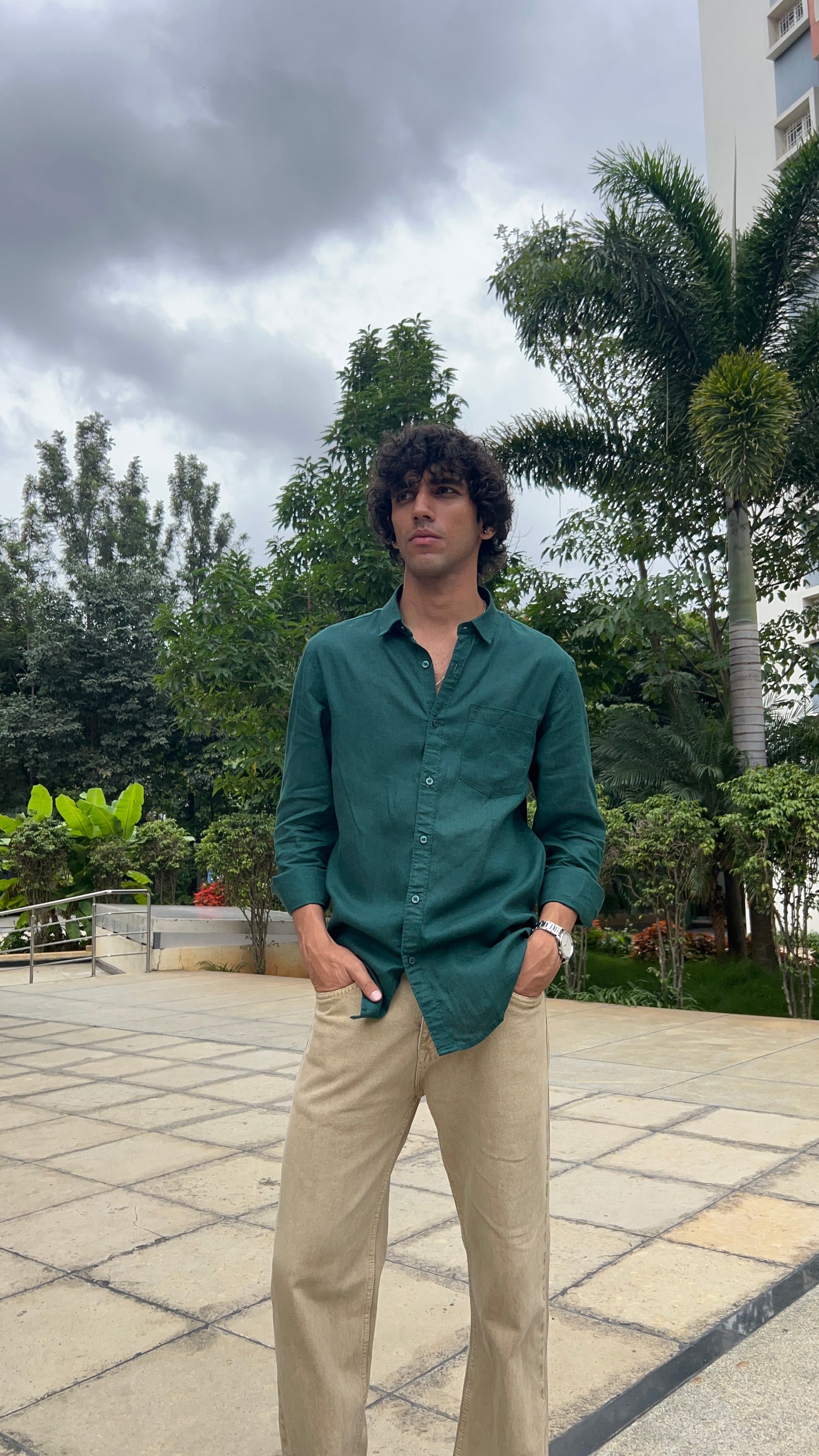 Linen deep forest green shirt