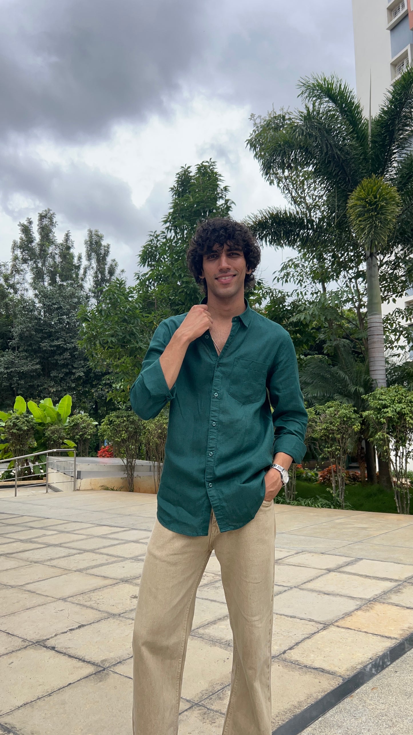 Linen deep forest green shirt