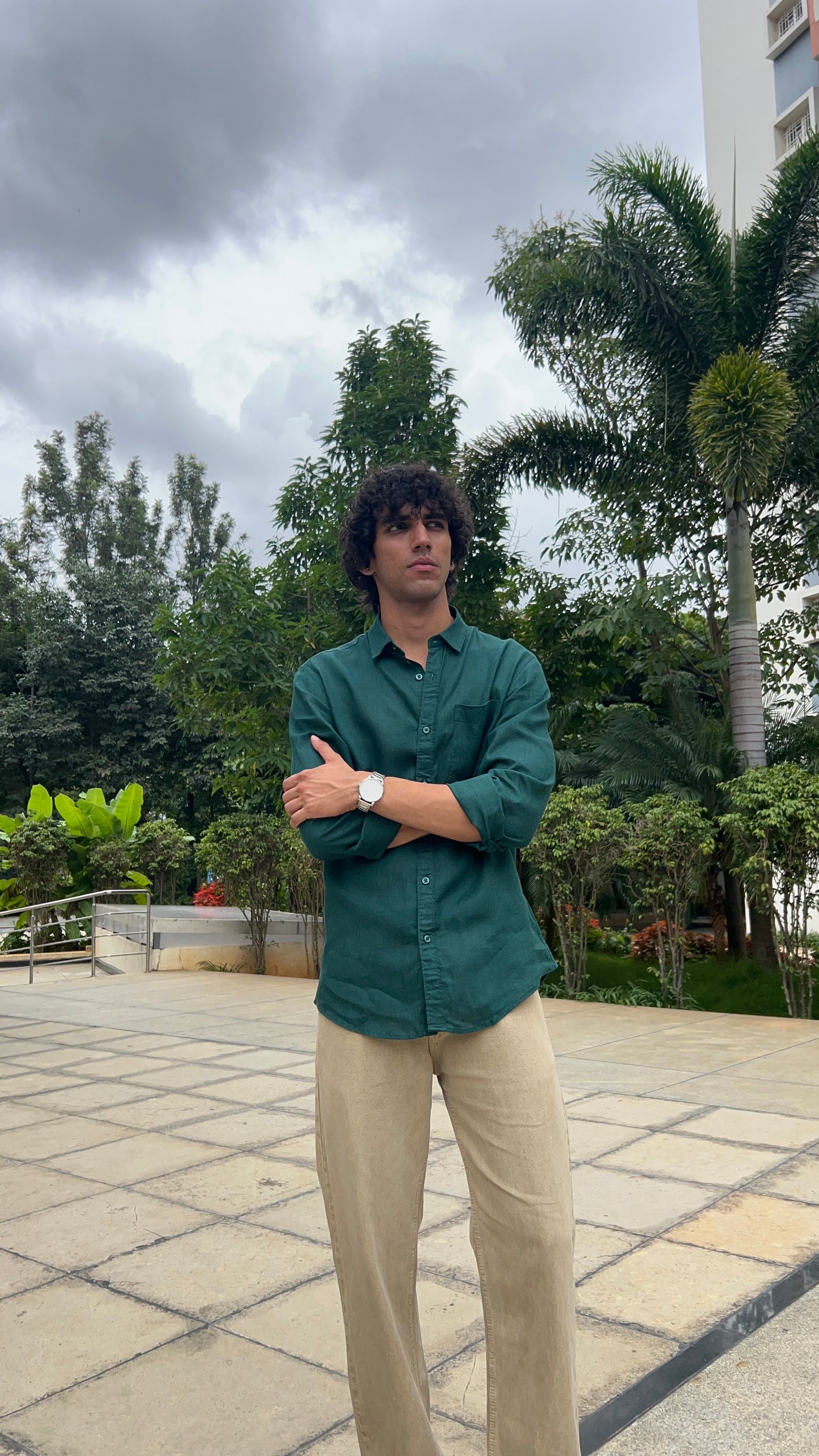 Linen deep forest green shirt
