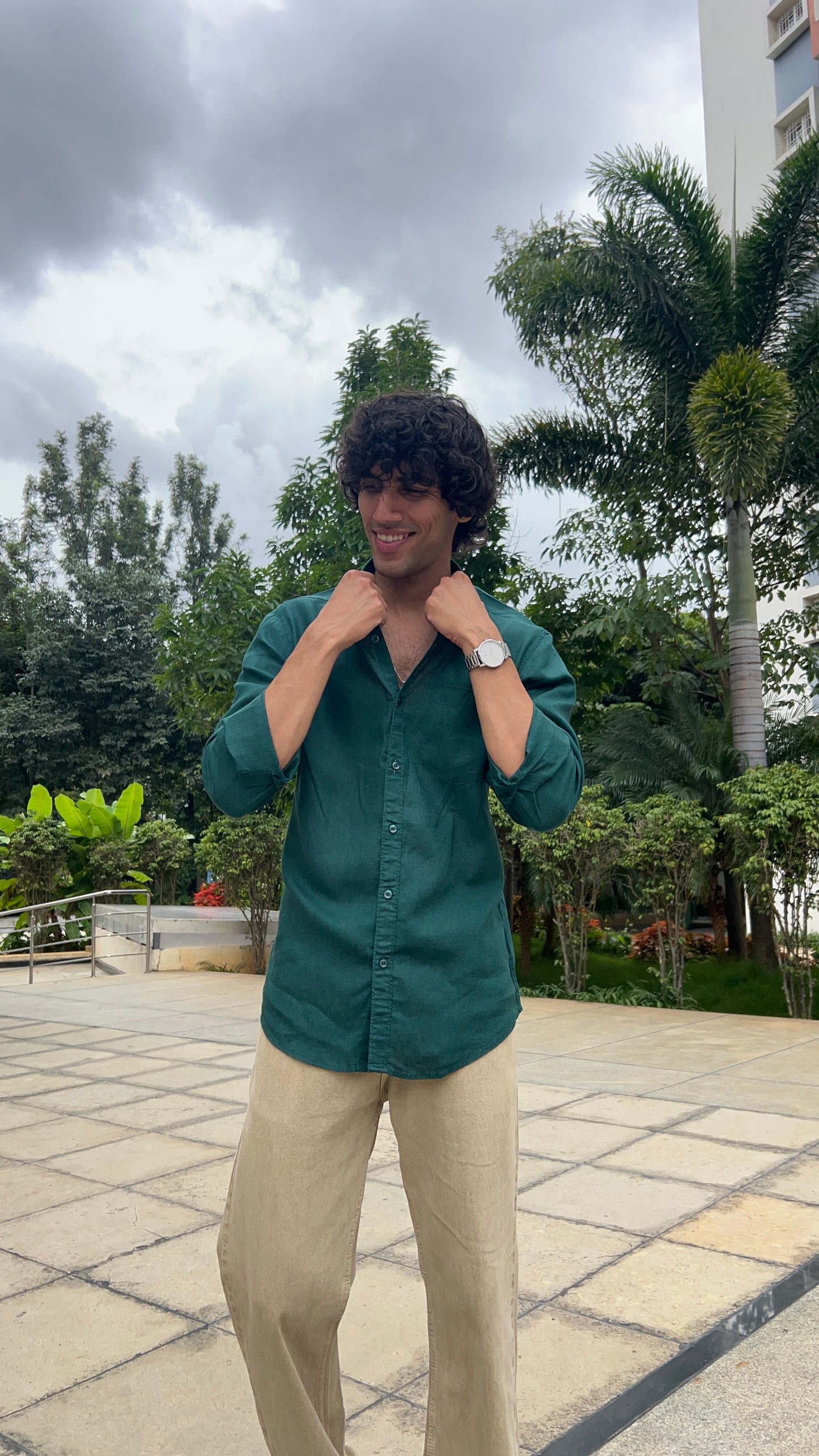 Linen deep forest green shirt