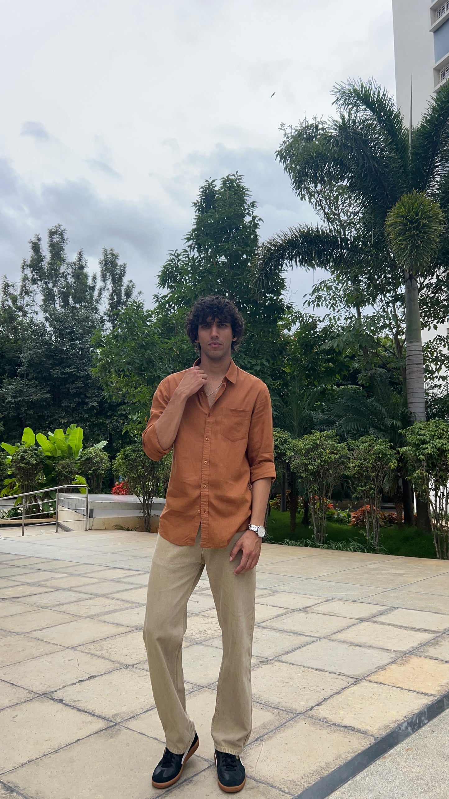Light Olive Peached Cotton Baggy Trousers