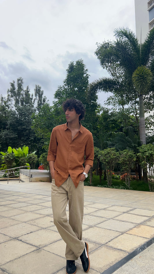 Light Olive Peached Cotton Baggy Trousers