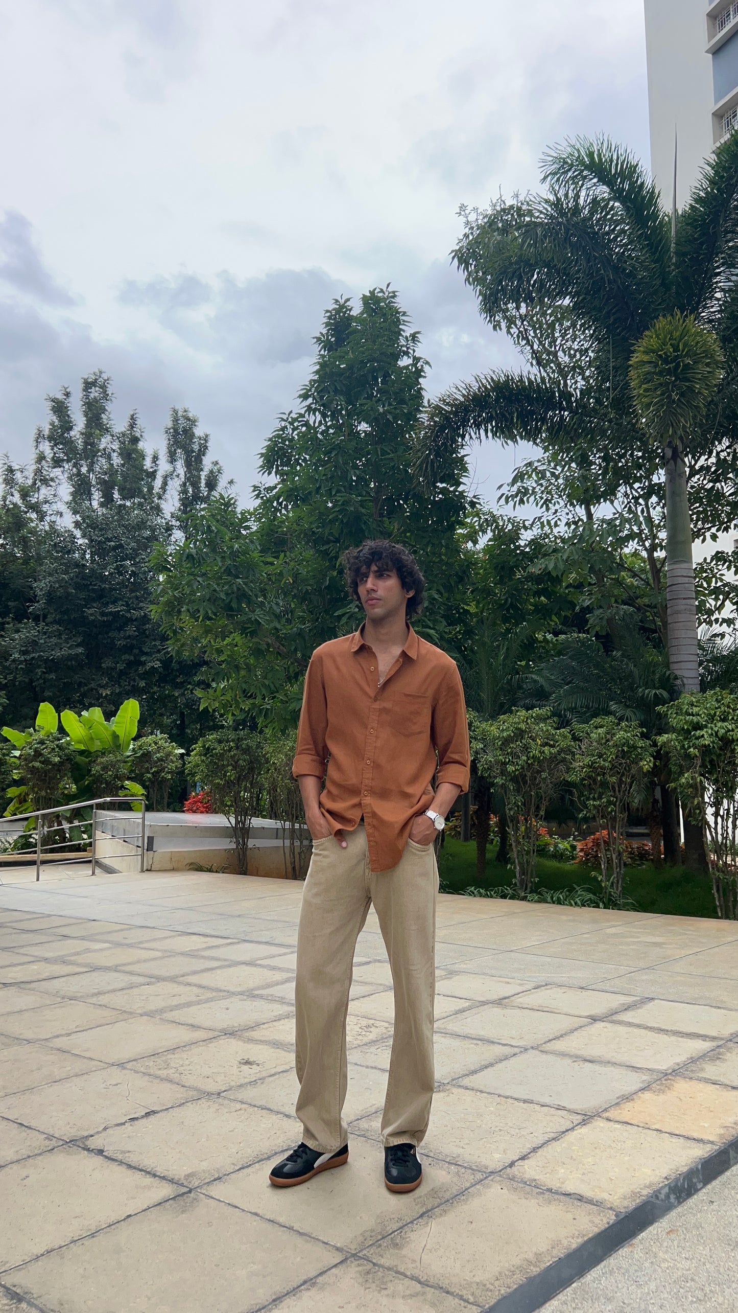 Light Olive Peached Cotton Baggy Trousers