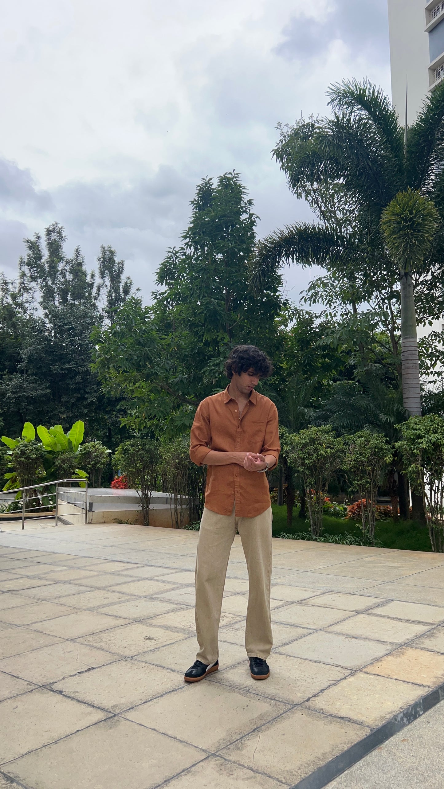 Light Olive Peached Cotton Baggy Trousers
