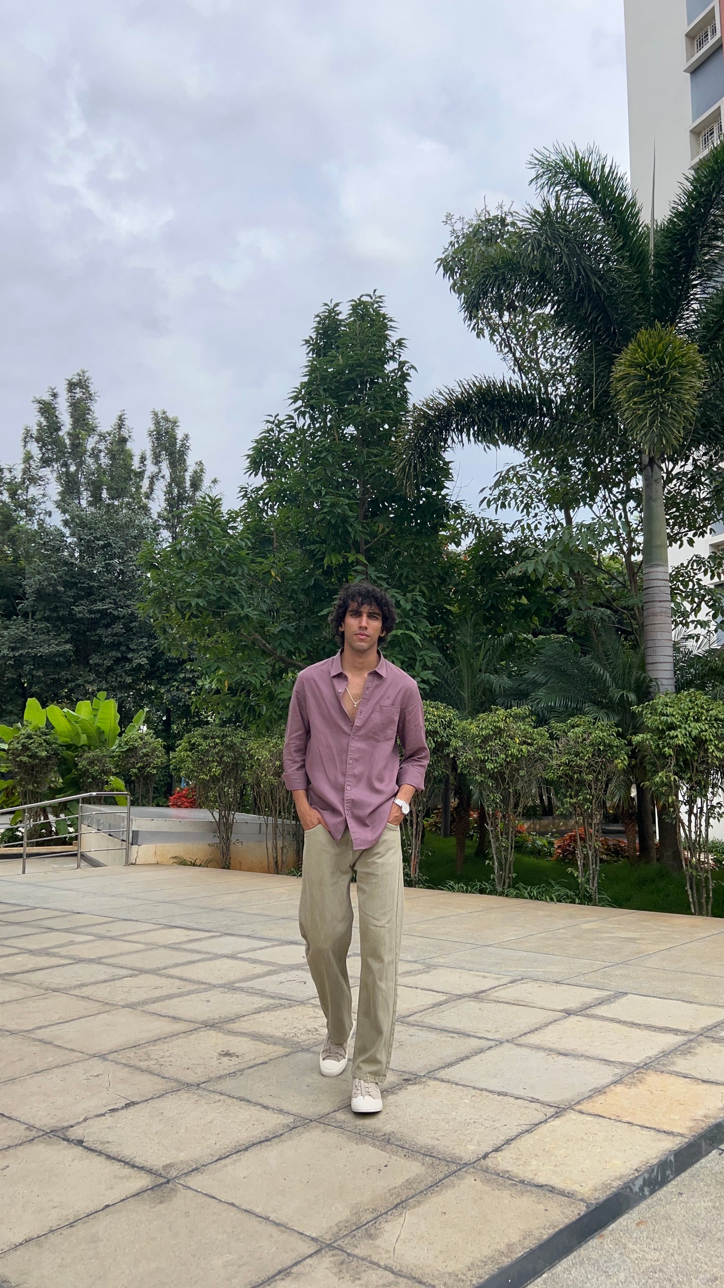 Light Olive Peached Cotton Baggy Trousers