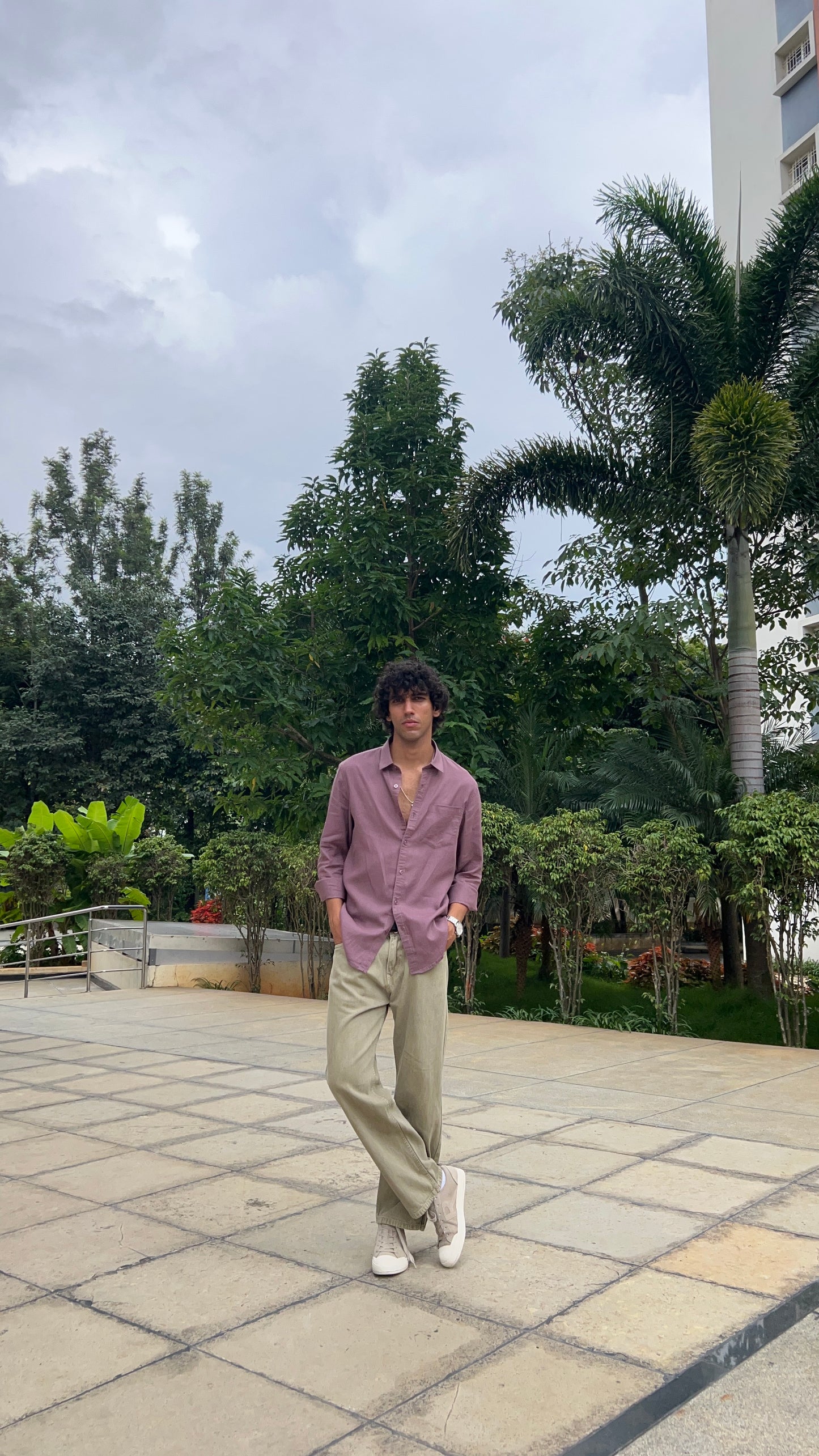Light Olive Peached Cotton Baggy Trousers