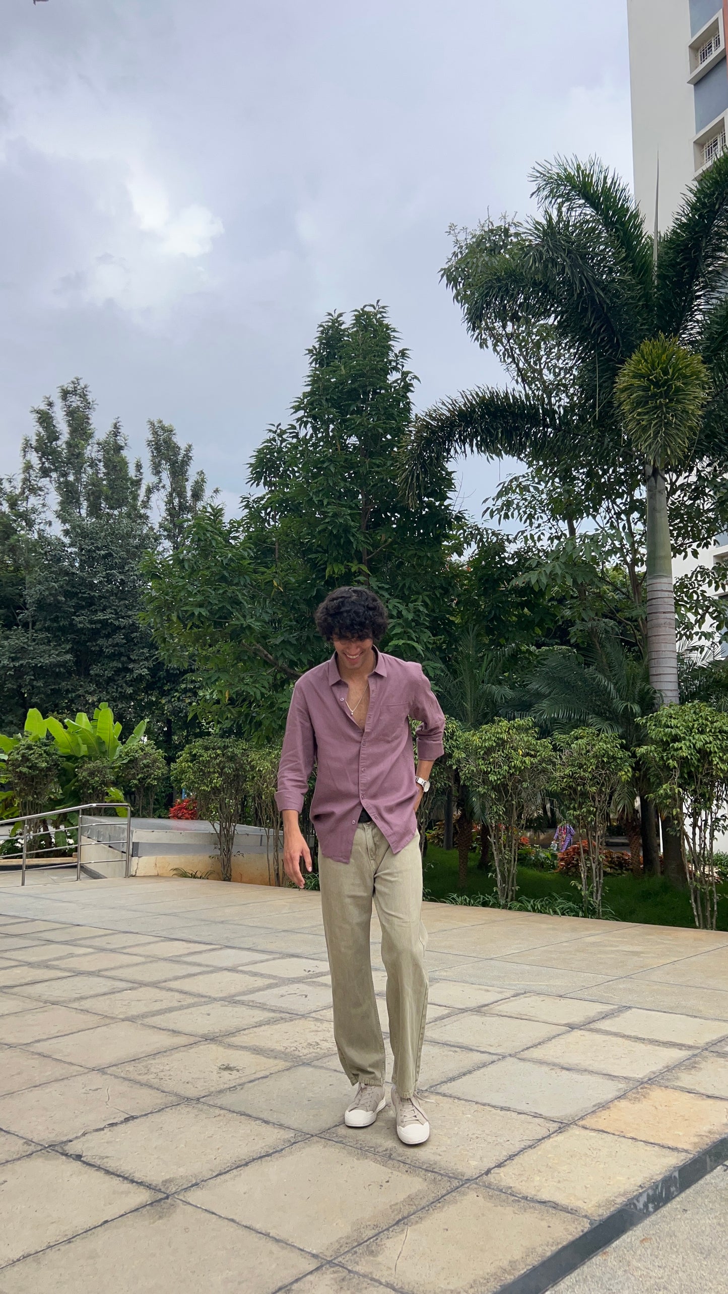 Light Olive Peached Cotton Baggy Trousers