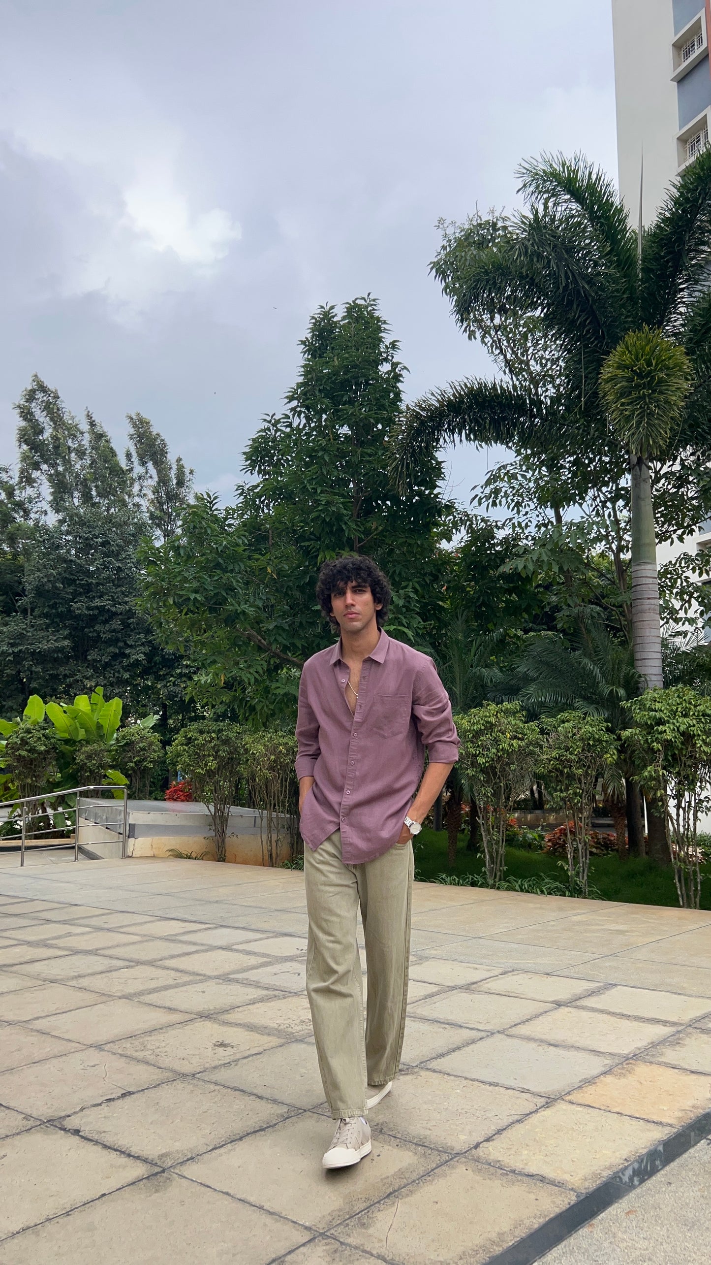 Light Olive Peached Cotton Baggy Trousers