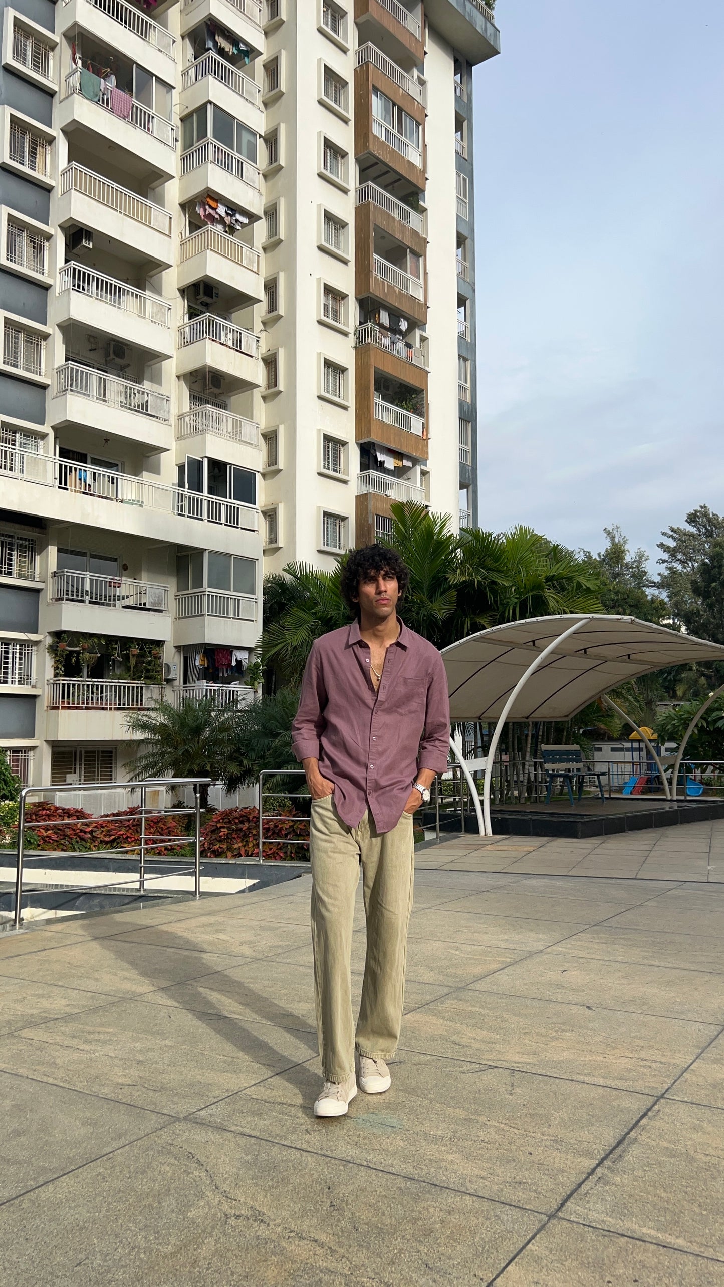 Light Olive Peached Cotton Baggy Trousers