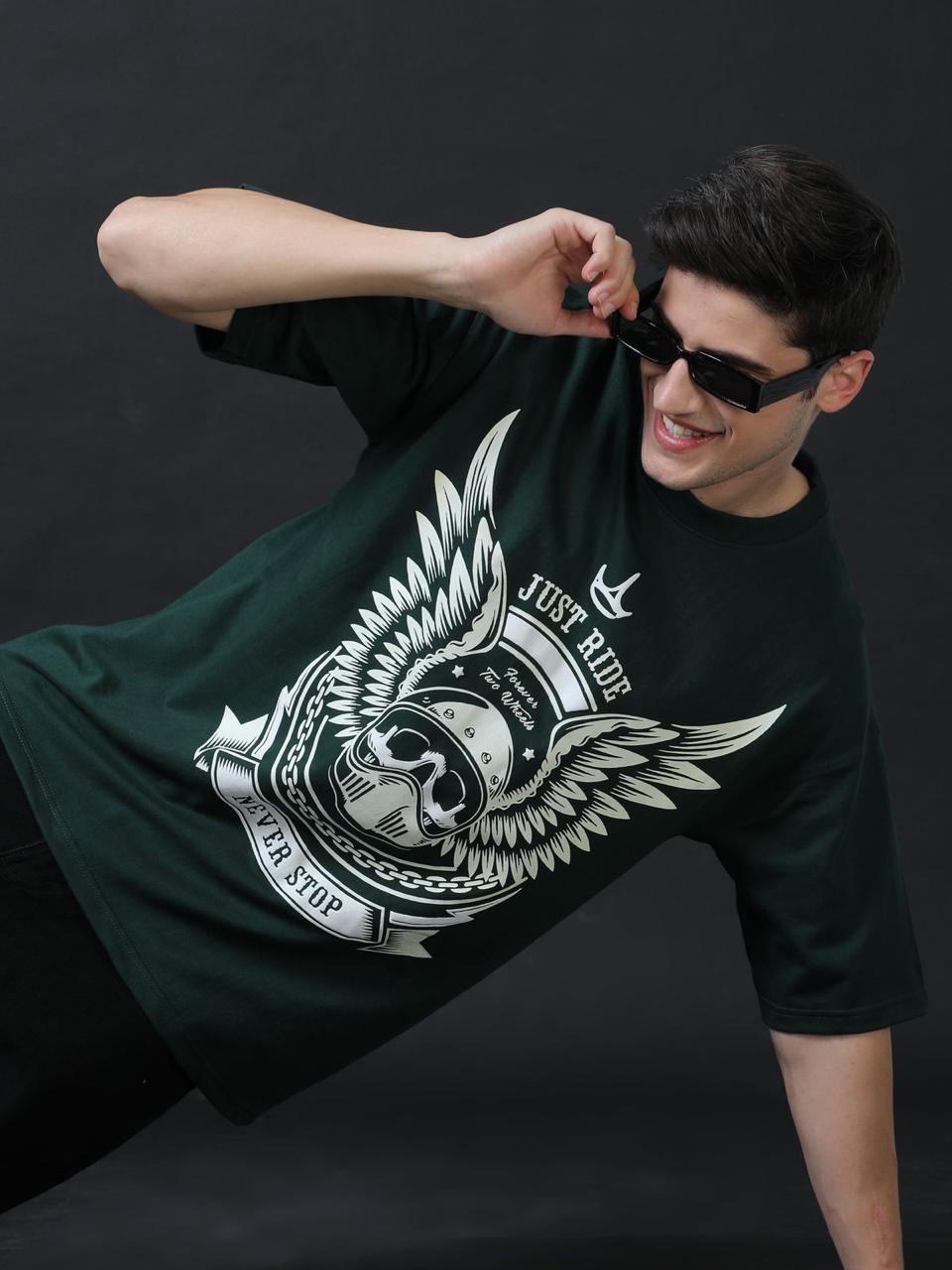 Just Ride Never Stop Dark Green Printed Oversized Tee