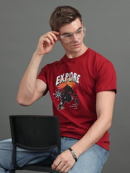 Explore Dark Red Printed Tee