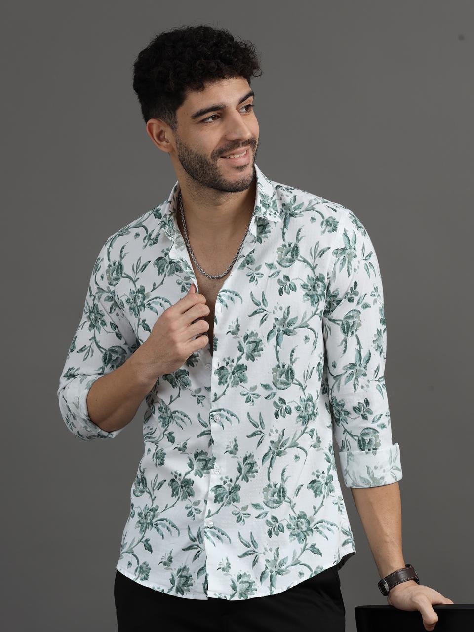 Floral Fusion Green Printed Full Sleeve Shirt