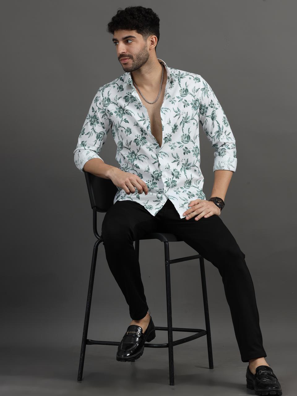 Floral Fusion Green Printed Full Sleeve Shirt