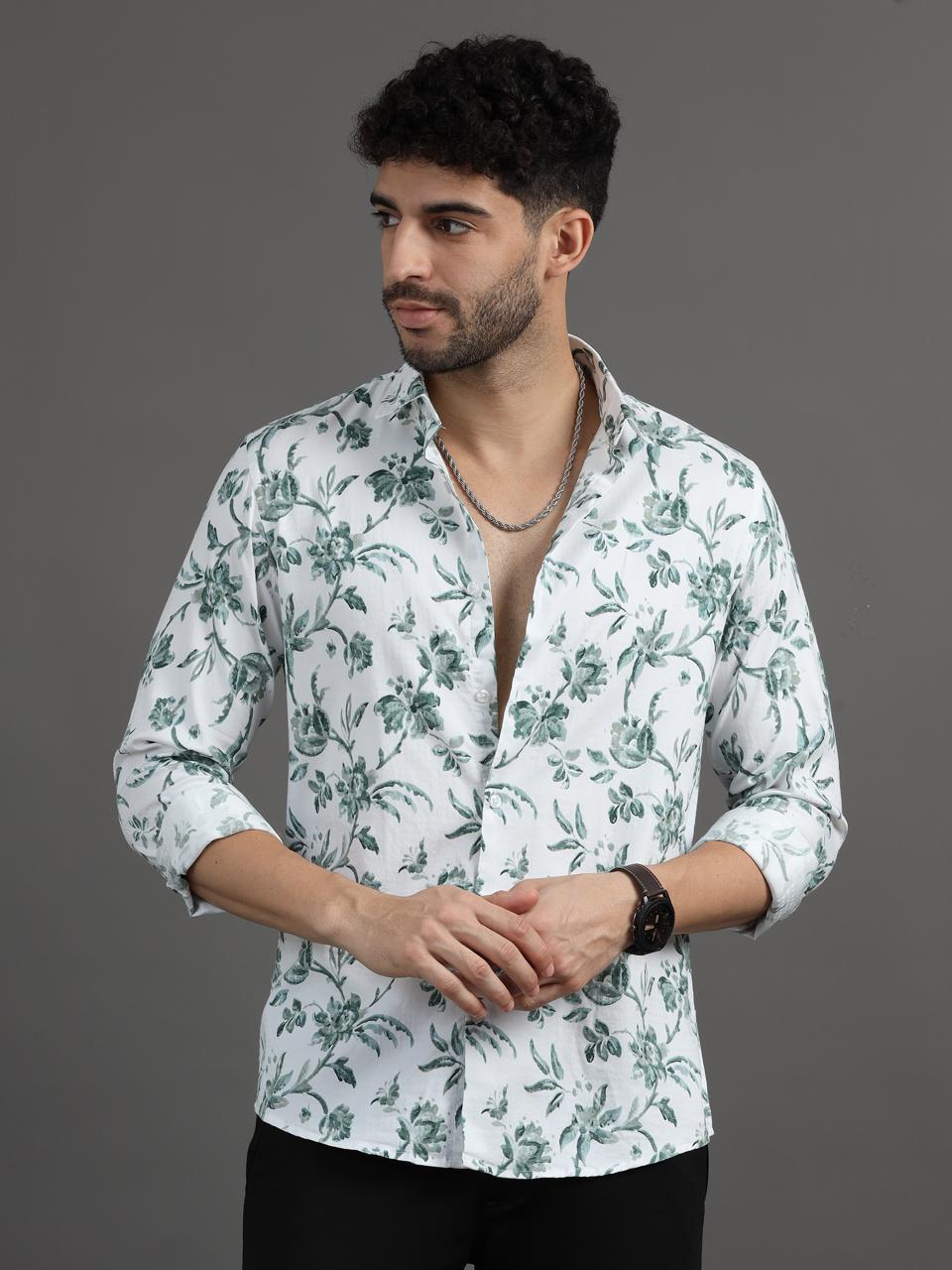 Floral Fusion Green Printed Full Sleeve Shirt