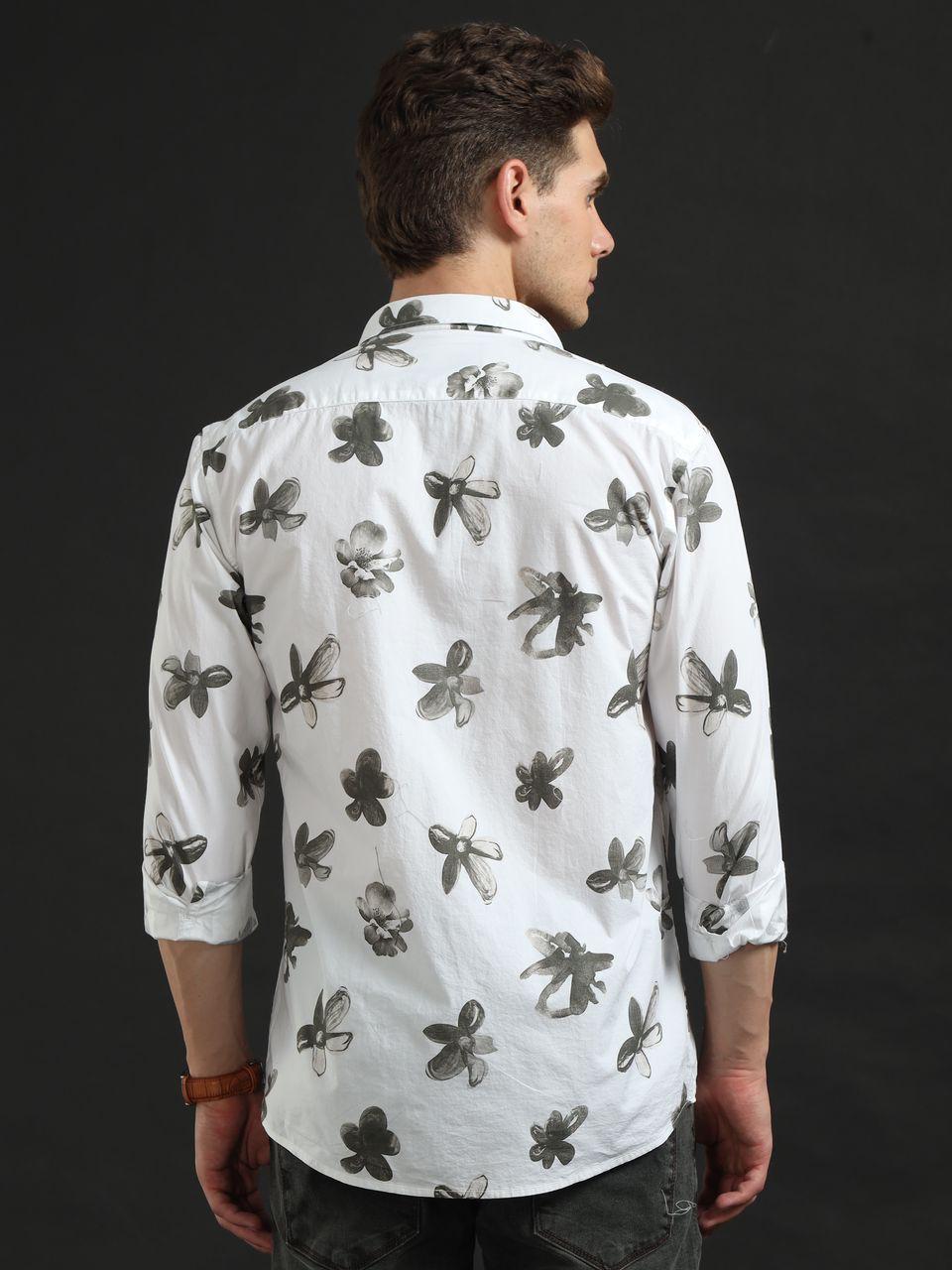 Grey Floral Printed Full Sleeve Shirt