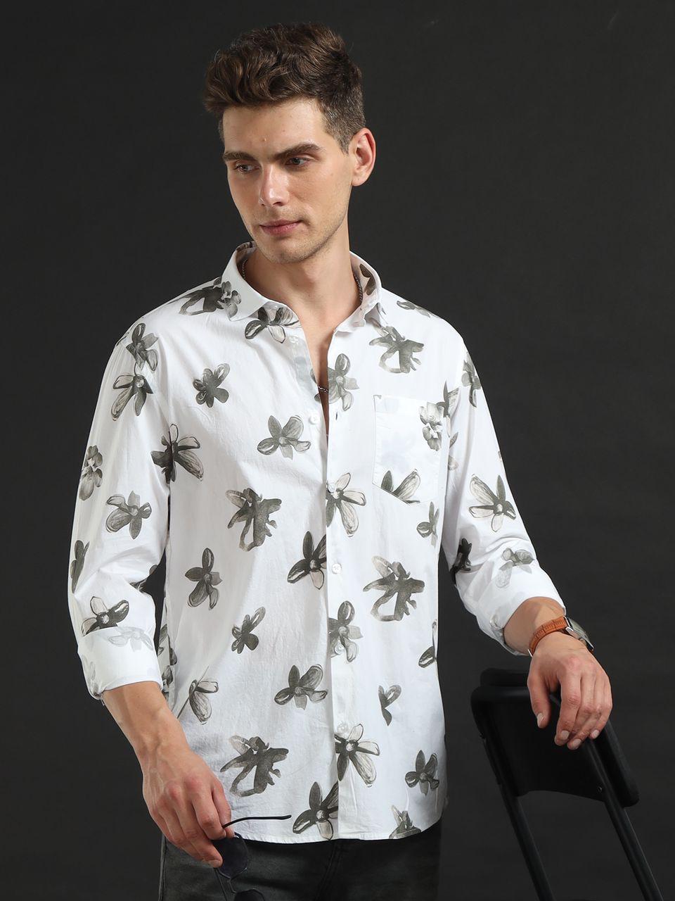 Grey Floral Printed Full Sleeve Shirt