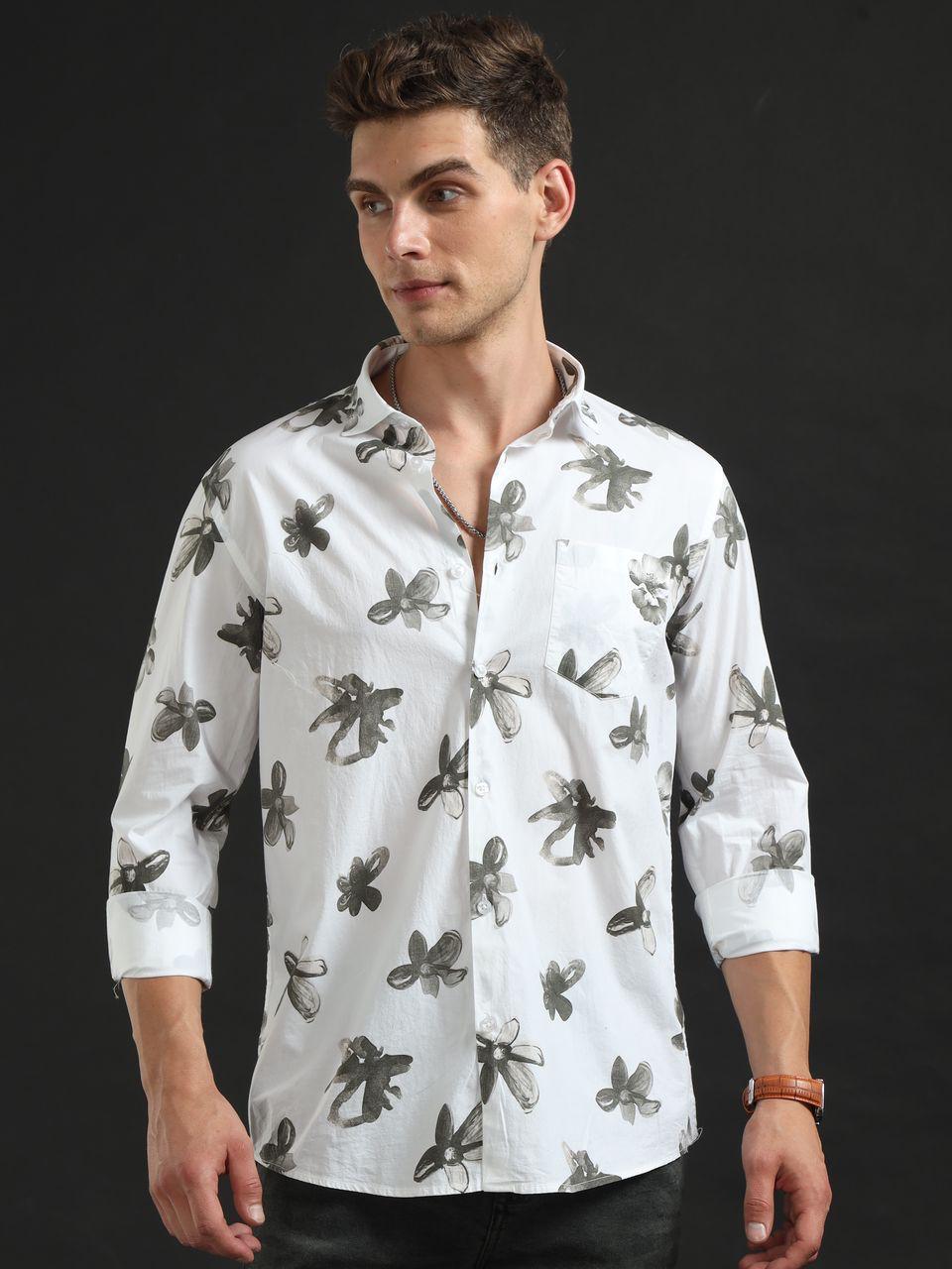 Grey Floral Printed Full Sleeve Shirt