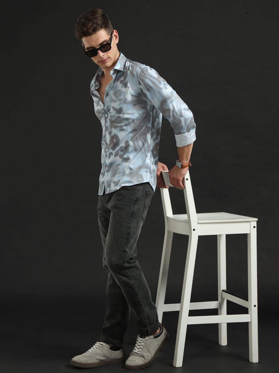 Grey Splash Blue Full Sleeve Shirt