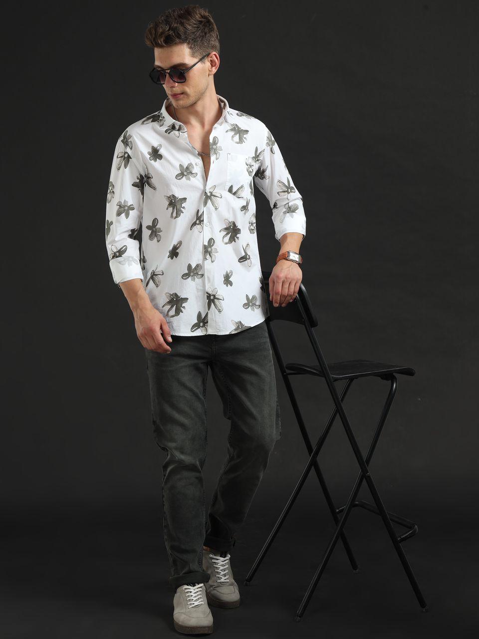 Grey Floral Printed Full Sleeve Shirt