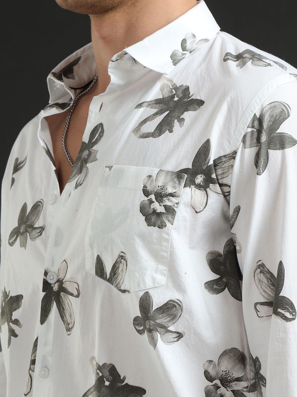Grey Floral Printed Full Sleeve Shirt