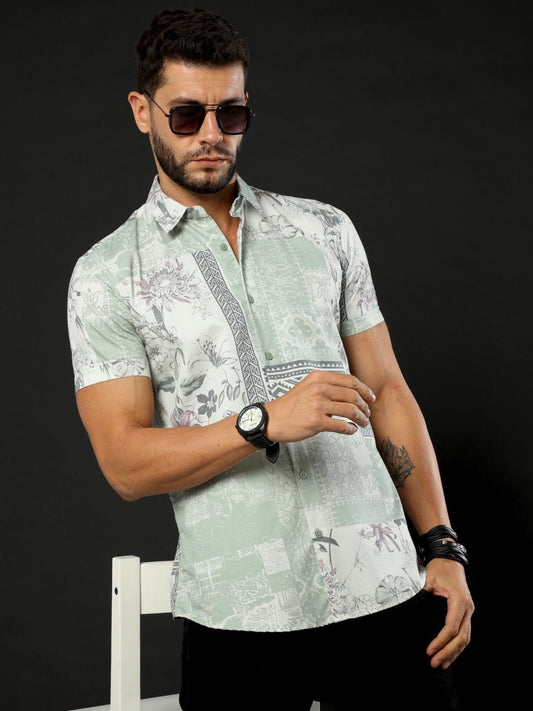 Sunny Blooms Printed Blue Half Sleeve Shirt