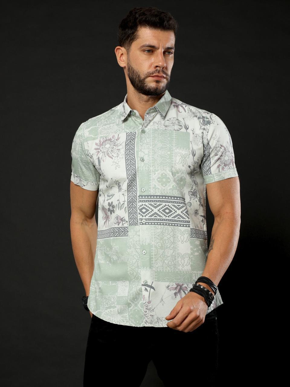 Sunny Blooms Printed Blue Half Sleeve Shirt