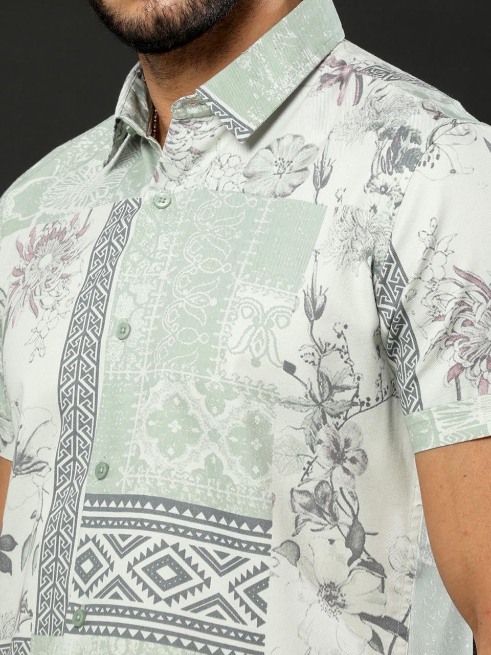 Sunny Blooms Printed Blue Half Sleeve Shirt