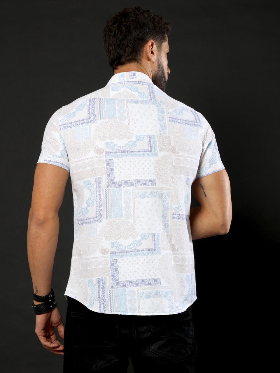 Doodle Print Grey Oxford Flowy Printed Half Sleeve Shirt