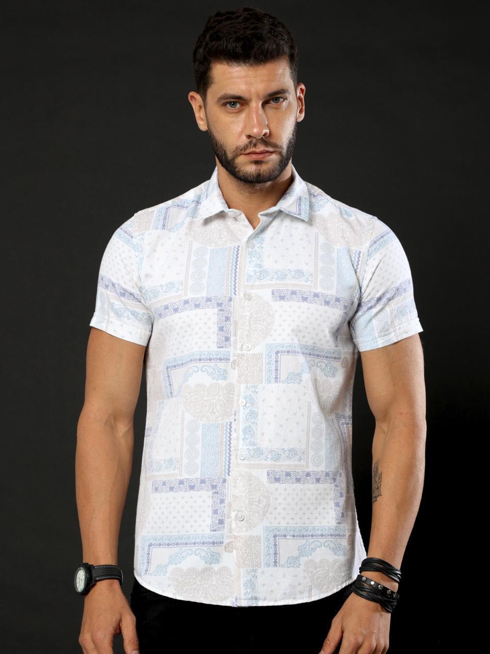 Doodle Print Grey Oxford Flowy Printed Half Sleeve Shirt