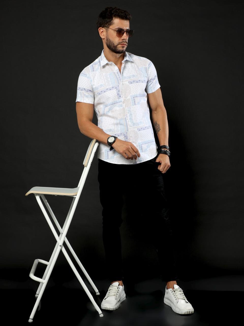 Doodle Print Grey Oxford Flowy Printed Half Sleeve Shirt