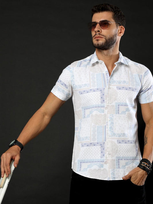 Doodle Print Grey Oxford Flowy Printed Half Sleeve Shirt