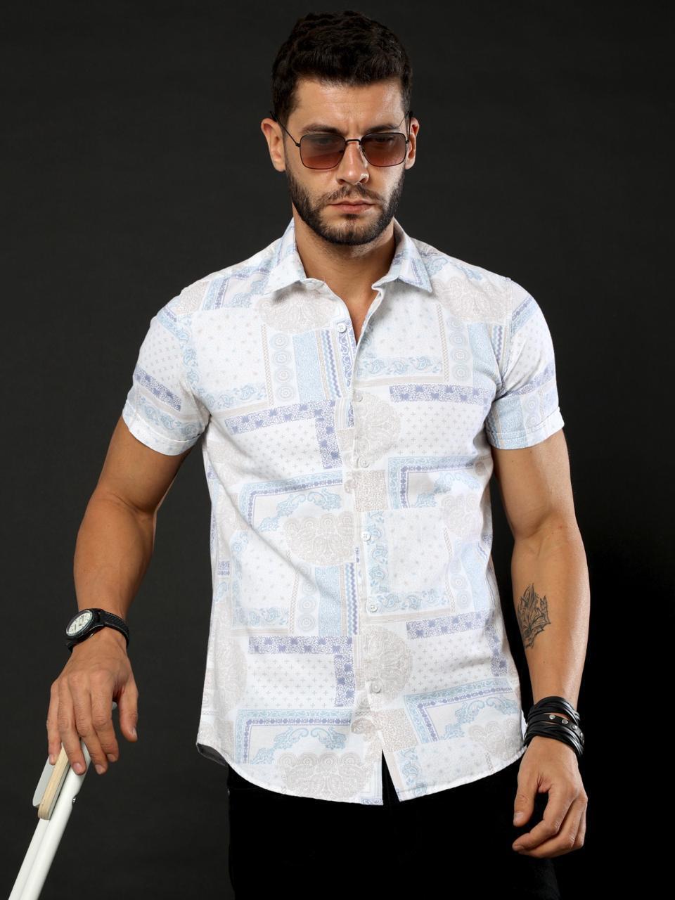 Doodle Print Grey Oxford Flowy Printed Half Sleeve Shirt