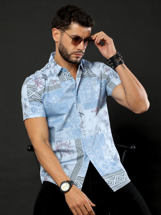 Sunny Blooms Printed SkyBlue Half Sleeve Shirt