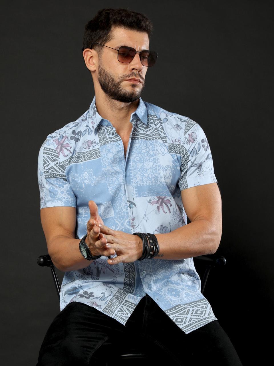 Sunny Blooms Printed SkyBlue Half Sleeve Shirt